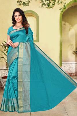 Teal plain cotton silk saree with blouse 1