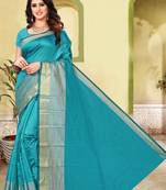 Teal plain cotton silk saree with blouse