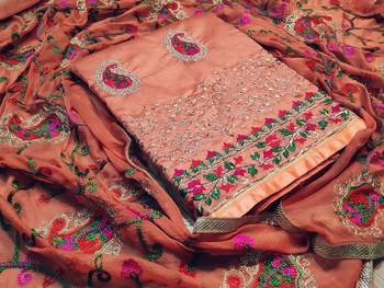 peach embroidered chanderi unstitched salwar with dupatta 1