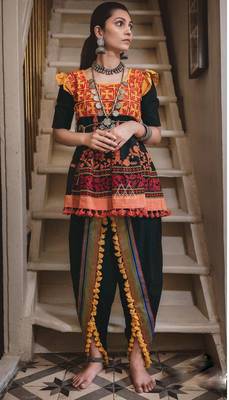 Black Khadi Embroidered Kedia With One Size Sleeve And Tulip Pants Set 1