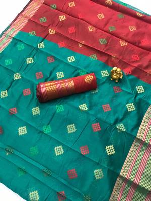 sea green woven art silk saree with blouse 1