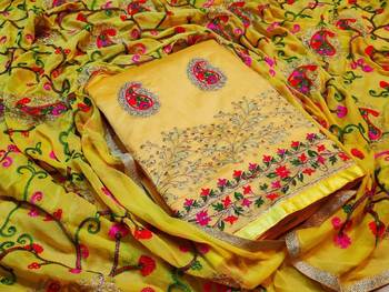yellow EMBROIDERED CHANDERI UNSTITCHED SALWAR WITH DUPATTA 1