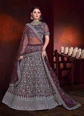Burgundy embroidered net semi stitched lehenga 1