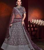 Burgundy embroidered net semi stitched lehenga