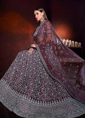 Burgundy embroidered net semi stitched lehenga 2
