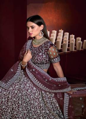 Burgundy embroidered net semi stitched lehenga 3