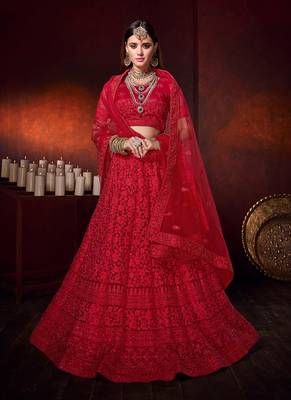 Red embroidered net semi stitched lehenga choli 1