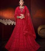 Red embroidered net semi stitched lehenga