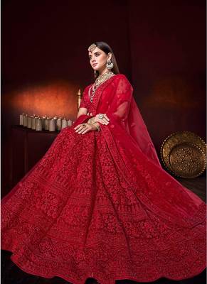 Red embroidered net semi stitched lehenga choli 2
