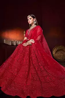 Red embroidered net semi stitched lehenga choli