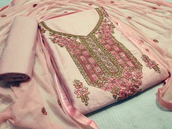 Peach Embroidered Chanderi Unstitched Salwar With Dupatta 1