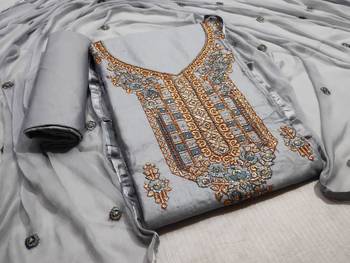 grey EMBROIDERED CHANDERI UNSTITCHED SALWAR WITH DUPATTA 1