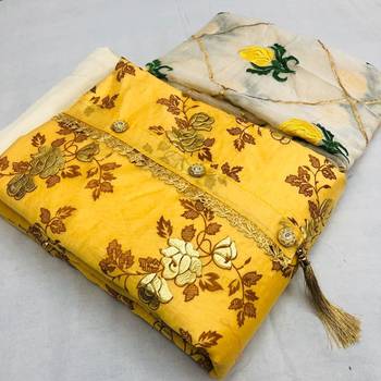 yellow embroidered santoon unstitched salwar with dupatta 1