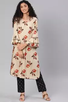 Kimisha Women's Beige printed rayon kurtas-and-kurtis