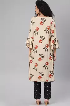 Beige Printed Rayon Kurtas-And-Kurtis