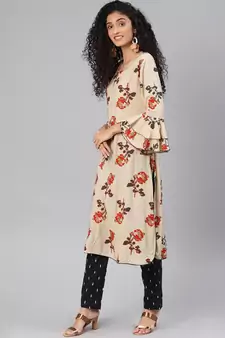 Beige Printed Rayon Kurtas-And-Kurtis