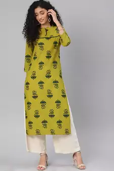 Kimisha Mahendi Green Cotton Slub Straight Kurti