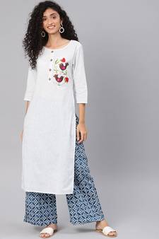 Kimisha Women's White Cotton Embroidered Straight Kurta (Full Stitched)