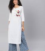 Kimisha Women's White Cotton Embroidered Straight Kurta (Full Stitched)