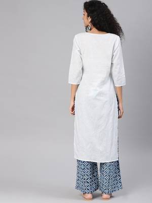 Kimisha Women's White Cotton Embroidered Straight Kurta (Full Stitched) 3