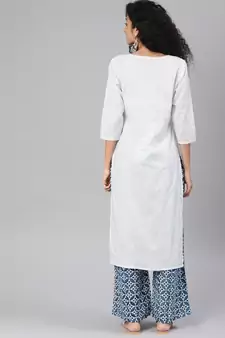 Kimisha Women's White Cotton Embroidered Straight Kurta (Full Stitched)