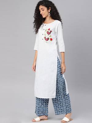 Kimisha Women's White Cotton Embroidered Straight Kurta (Full Stitched) 4
