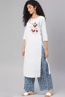 Kimisha Women's White Cotton Embroidered Straight Kurta (Full Stitched)