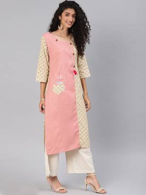 Baby Pink & Off White Cotton Slub Straight Kurti 1
