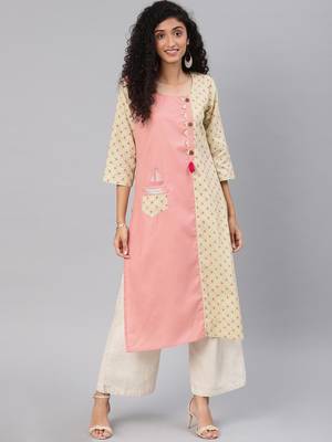 Baby Pink & Off White Cotton Slub Straight Kurti 4