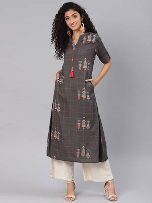 Kimisha Women's Grey Rayon Cotton Printed A LINE Kurta 1