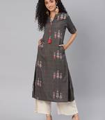 Kimisha Women's Grey Rayon Cotton Printed A LINE Kurta