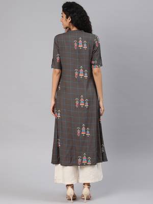 Kimisha Women's Grey Rayon Cotton Printed A LINE Kurta 3