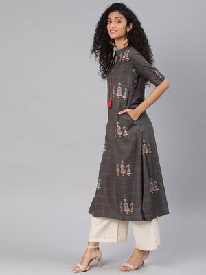 Kimisha Women's Grey Rayon Cotton Printed A LINE Kurta 4