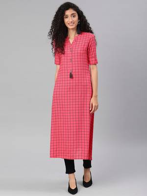 Pink Rayon Cotton Printed A-Line Kurti With Pocket 1