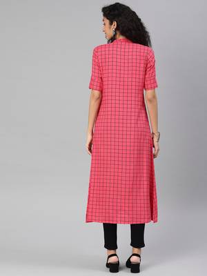 Pink Rayon Cotton Printed A-Line Kurti With Pocket 3