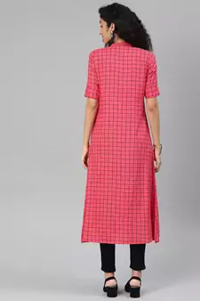 Pink Rayon Cotton Printed A-Line Kurti With Pocket