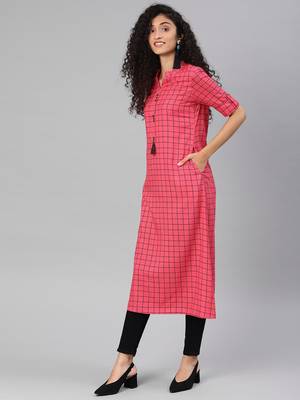 Pink Rayon Cotton Printed A-Line Kurti With Pocket 4