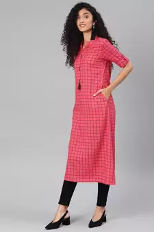 Pink Rayon Cotton Printed A-Line Kurti With Pocket