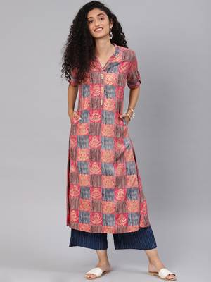 Kimisha Women's Multicolor Rayon Cotton A LINE Kurti 1