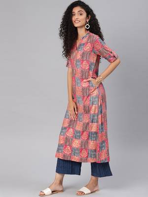 Kimisha Women's Multicolor Rayon Cotton A LINE Kurti 4