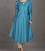 Blue plain silk long-kurtis