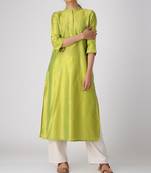 Green plain cotton long-kurtis