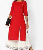 Red plain cotton long-kurtis
