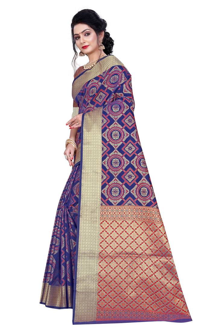 Blue Woven Banrasi Saree With Blouse