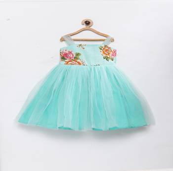Pink fashionable girls printed raw silk with net flared party gown 1