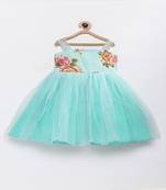 Pink fashionable girls printed raw silk with net flared party gown