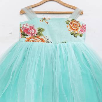 Pink fashionable girls printed raw silk with net flared party gown 2