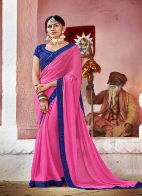 Pink embroidered georgette saree with blouse 1