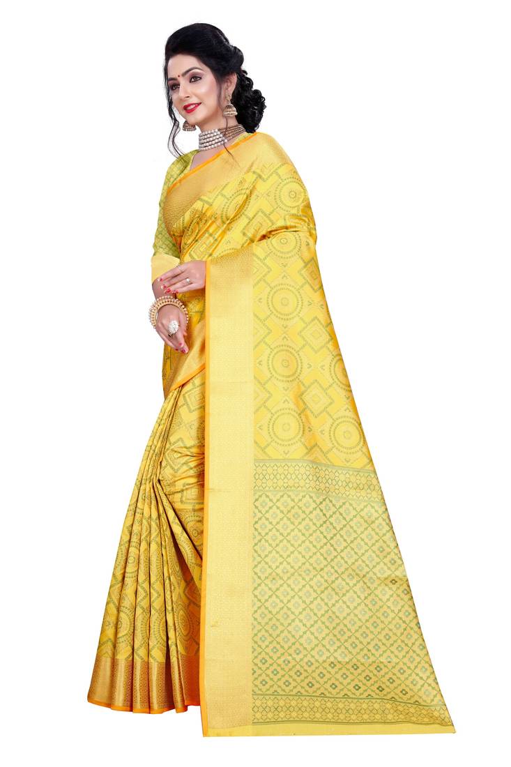 Yellow Woven Banarasi Saree With Blouse