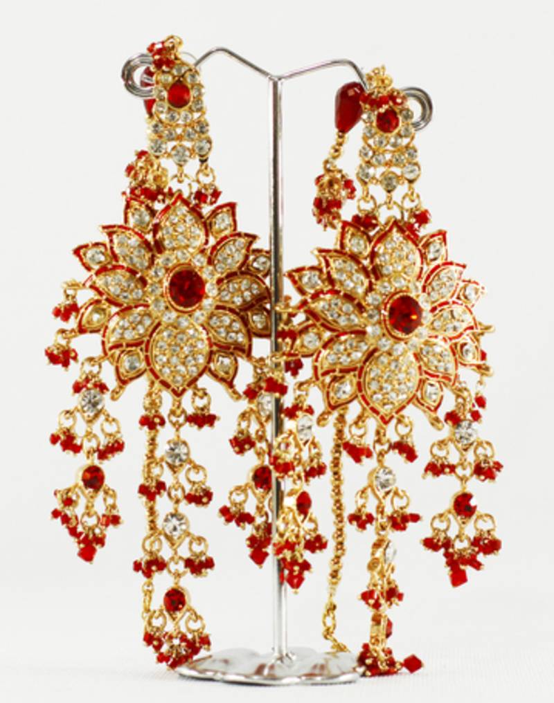 Red Gold Diamante Stone Studded Floral Sahara Earrings